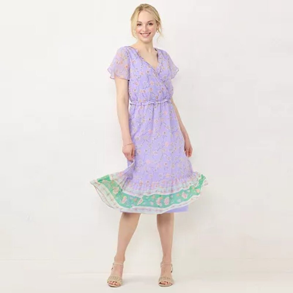 LC Lauren Conrad Lavender Floral Wrap Maxi Dress with Green Border Size XS